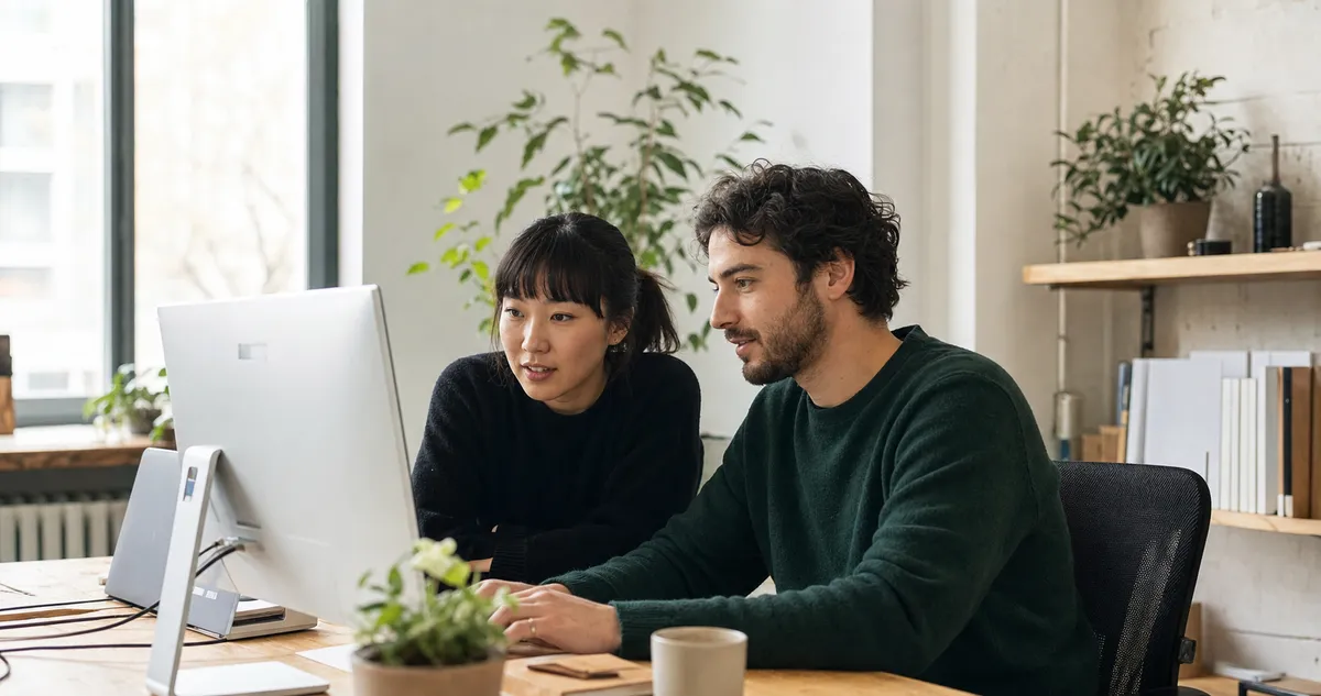 Software professionals collaborating at a desktop computer