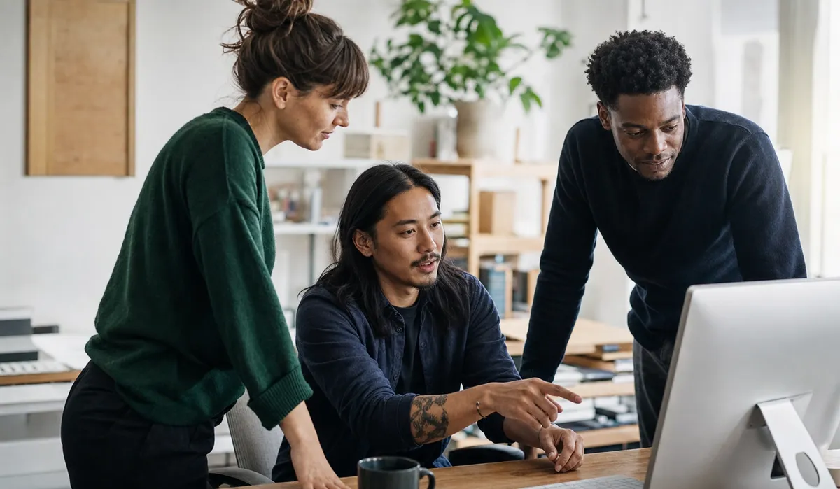 Software team working together around a computer