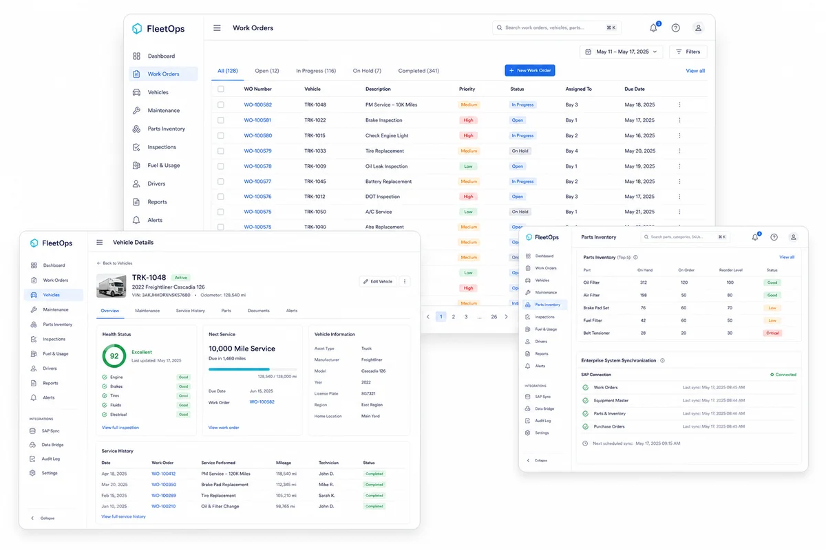 Illustrative fleet platform showing work orders, vehicle maintenance and parts inventory